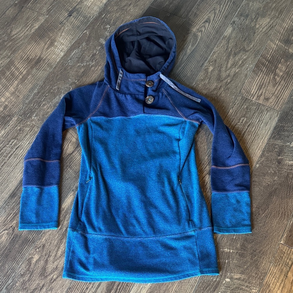 Prana Blue Hooded Pullover Tunic with Button Detail, Size XS
